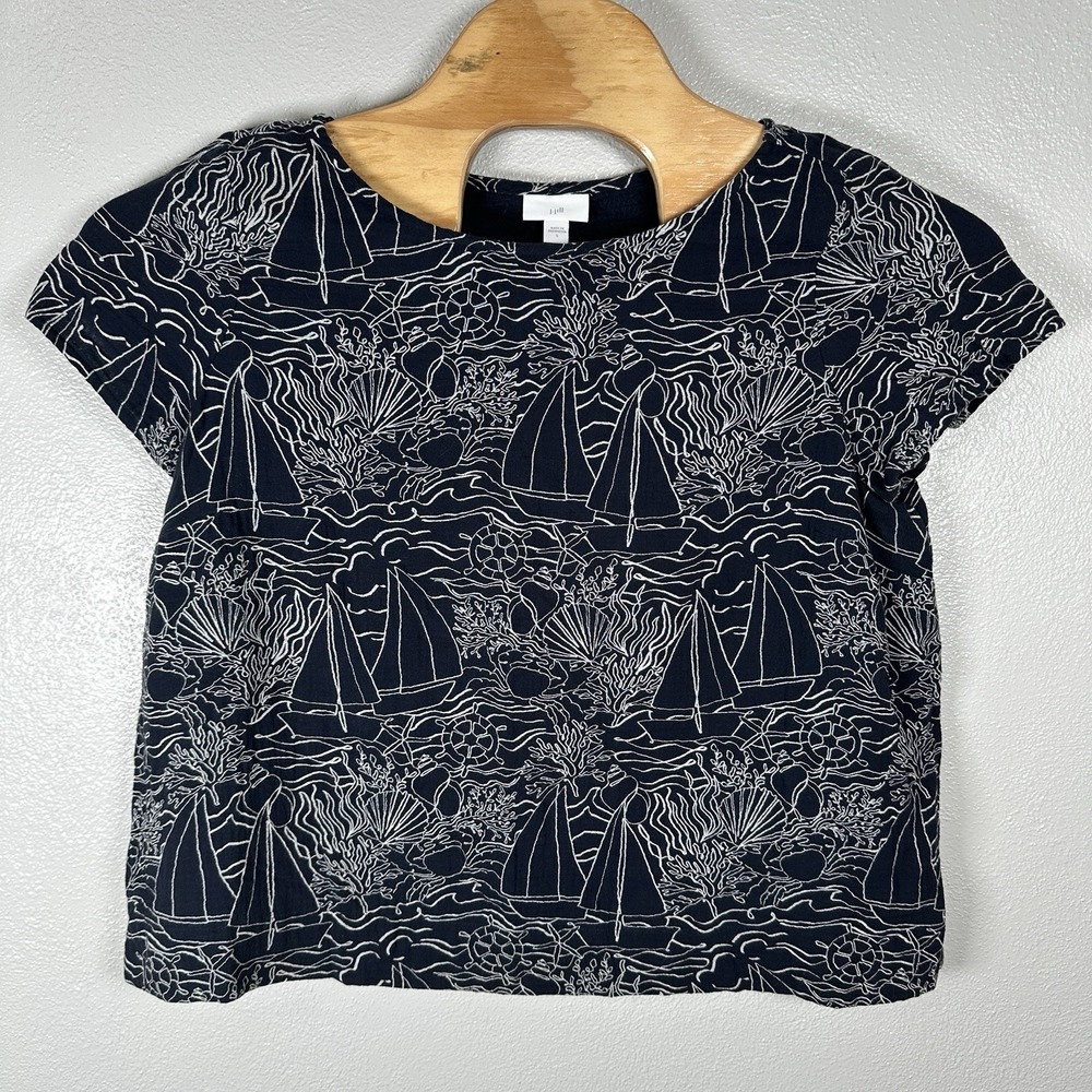 J Jill Cotton Gauze Cap Sleeve Top Large Navy Boat Nautical Beach All Over Print